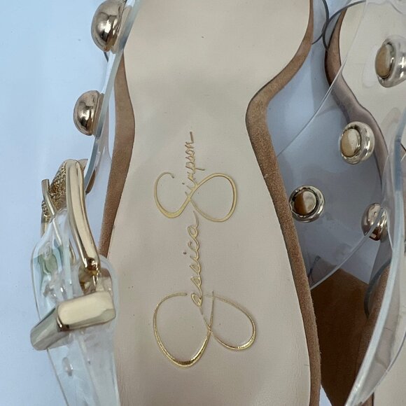 Jessica Simpson Tan and Clear Studded Block Heels | Size 10 - Picture 3 of 9